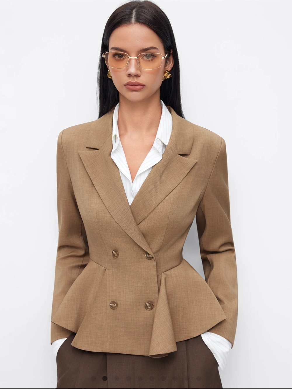 Cider Double-Breasted Peplum Blazer in Camel Brown